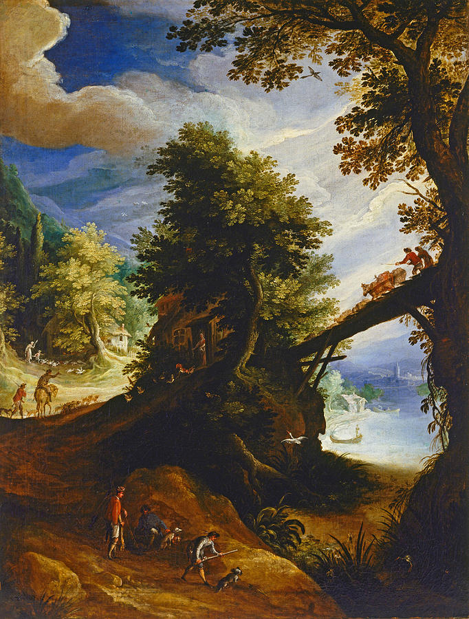 A Wooded Landscape with a Bridge and Sportsmen at the Edge of the River  Painting by Paul Bril