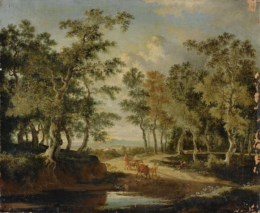 A wooded landscape with a shepherd and his herd on a path near a puddle Painting by Jan Hackaert
