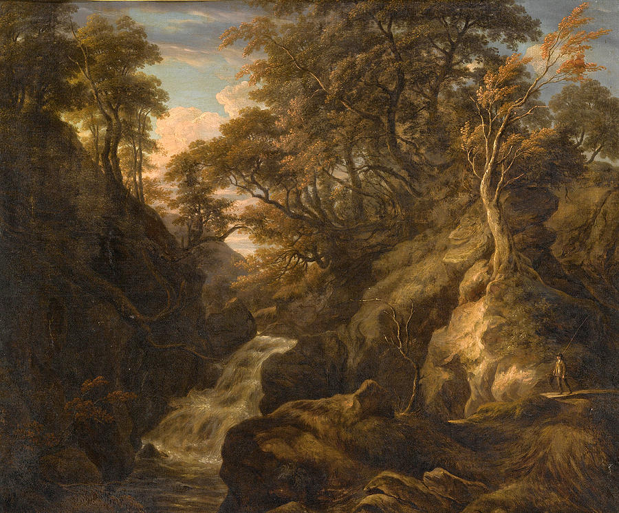 A Wooded Landscape with a Waterfall and a Fisherman walking along a Path Painting by William Ashford