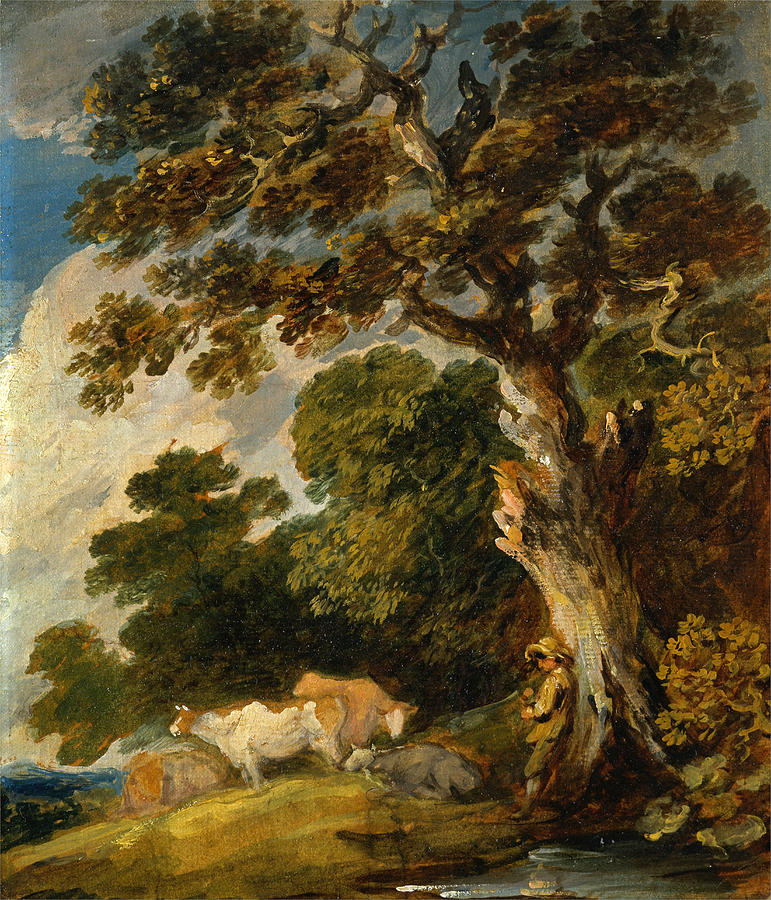 Cow Painting - A Wooded Landscape with Cattle and Herdsman by Gainsborough Dupont