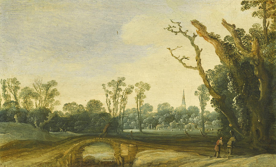 A wooded landscape with figures on a path crossing a bridge a village and a church spire beyond Painting by Jacob van Geel
