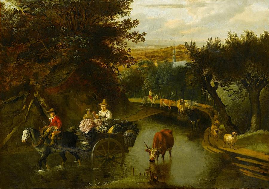 A Wooded Landscape with Peasants in a Horse Painting by MotionAge Designs