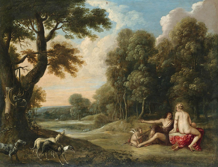 A Wooded Landscape with Venus Adonis and Cupid Painting by Frans Wouters