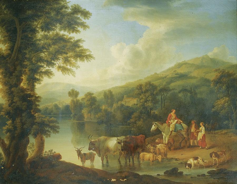 A Wooded River Landscape With A Woman On A Grey Horse Painting