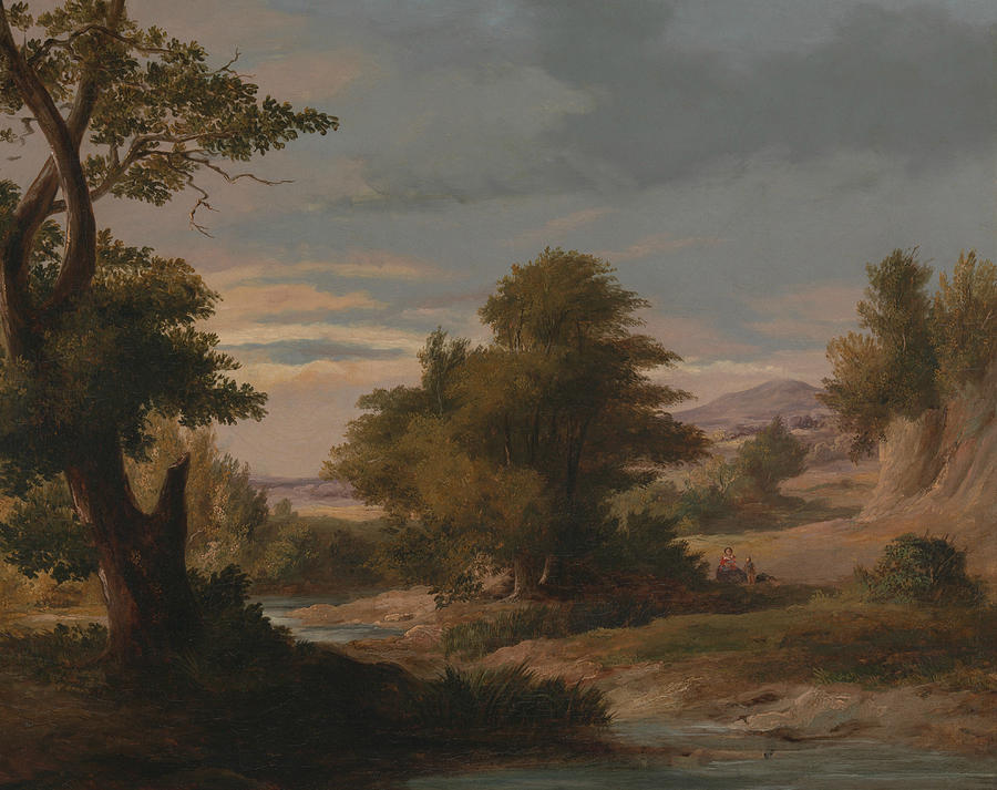 A Wooded River Landscape with Mother and Child Painting by James Arthur OConnor