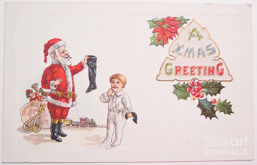 A Xmas Greetings with Santa and Child vintage card Painting by Vintage Collectables