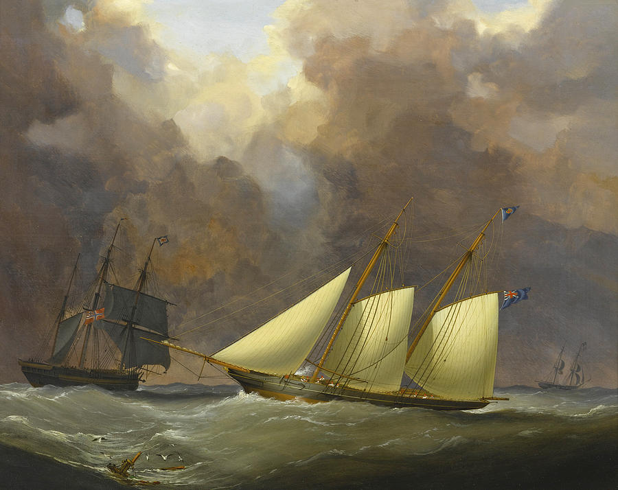 A Yacht and a Norwegian Coaster in a Storm  Painting by Nicholas Condy
