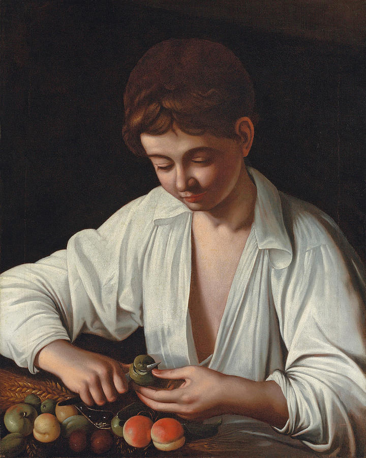 A young boy peeling fruit Painting by Attributed to Caravaggio