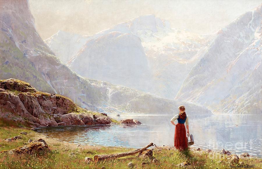 A young girl by a fjord Painting by Celestial Images