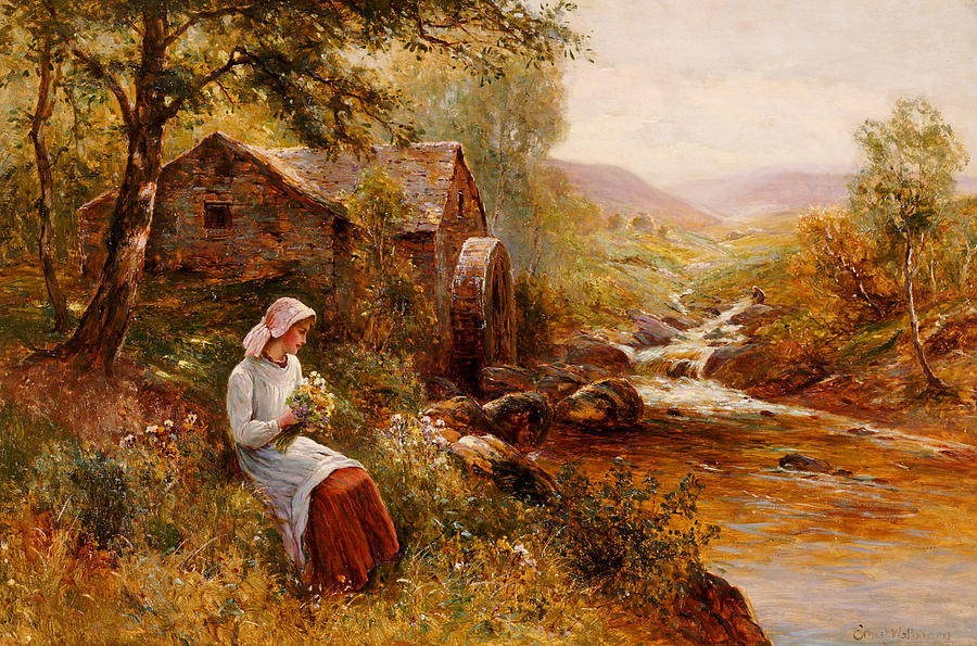 Landscape Painting - A Young Girl picking Spring Flowers by Ernest Walbourn