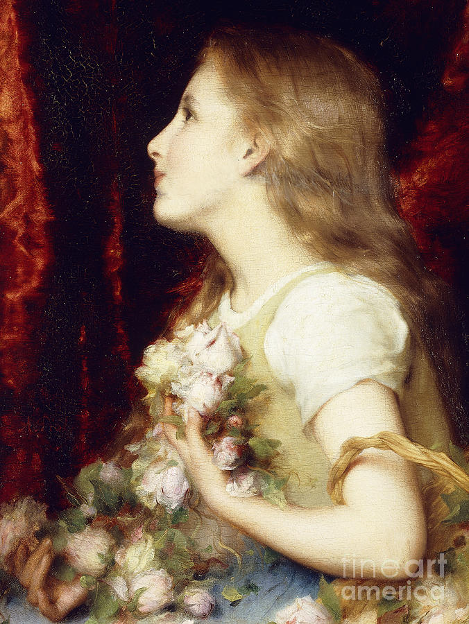 A Young Girl with a Basket of Flowers Painting by Etienne Adolphe Piot