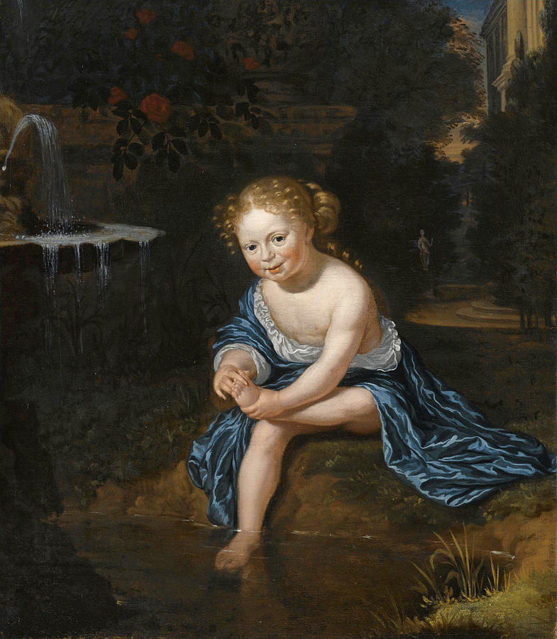 A young girl with a blue an white satin dress washing her feet in a pond in a formal garden setting Painting by Michiel van Musscher