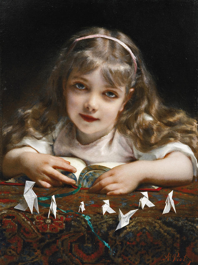A Young Girl with Origami Birds Painting by Etienne Adolphe Piot