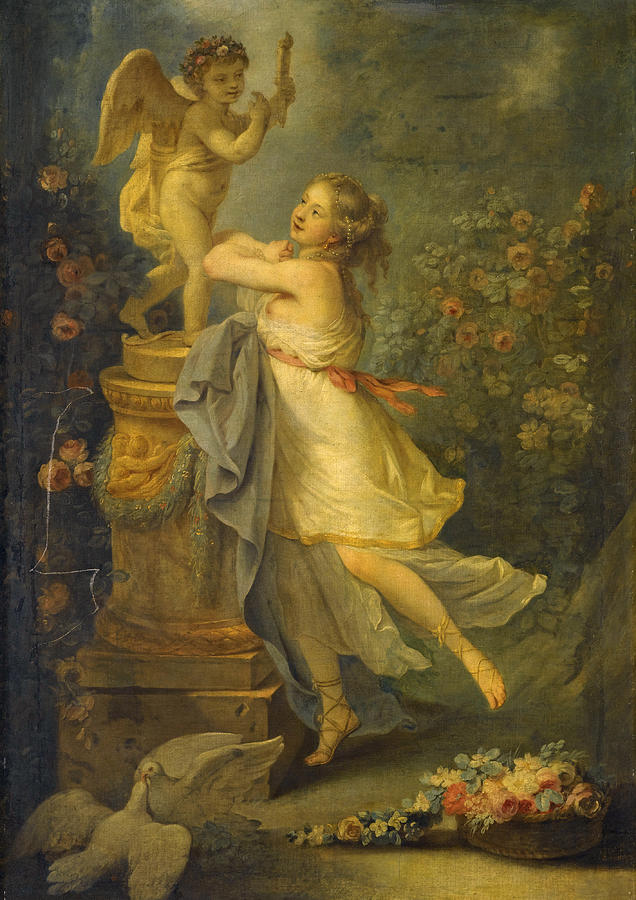 A young lady before a statue of Cupid Painting by Attributed to Antoine-Francois Callet