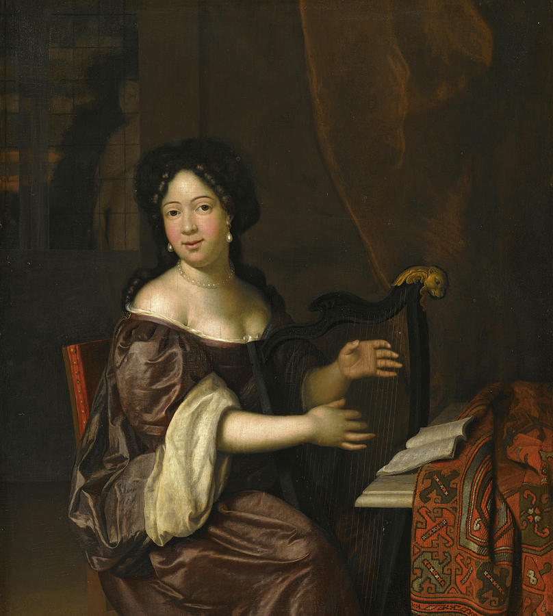 A Young Lady playing the Harp Painting by Jan Tilius