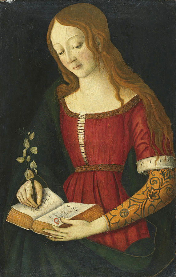 A Young Lady writing in a Hymnal Painting by Giacomo Pacchiarotto