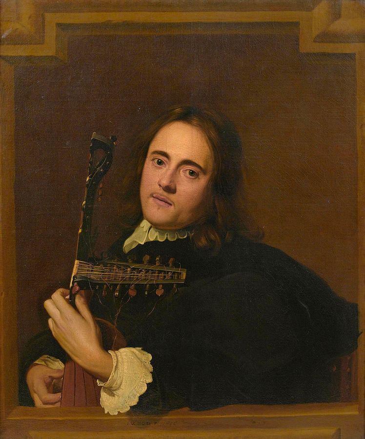 A young man at a stone window playing a theorbo-lute Painting by Jacob van Oost the Elder