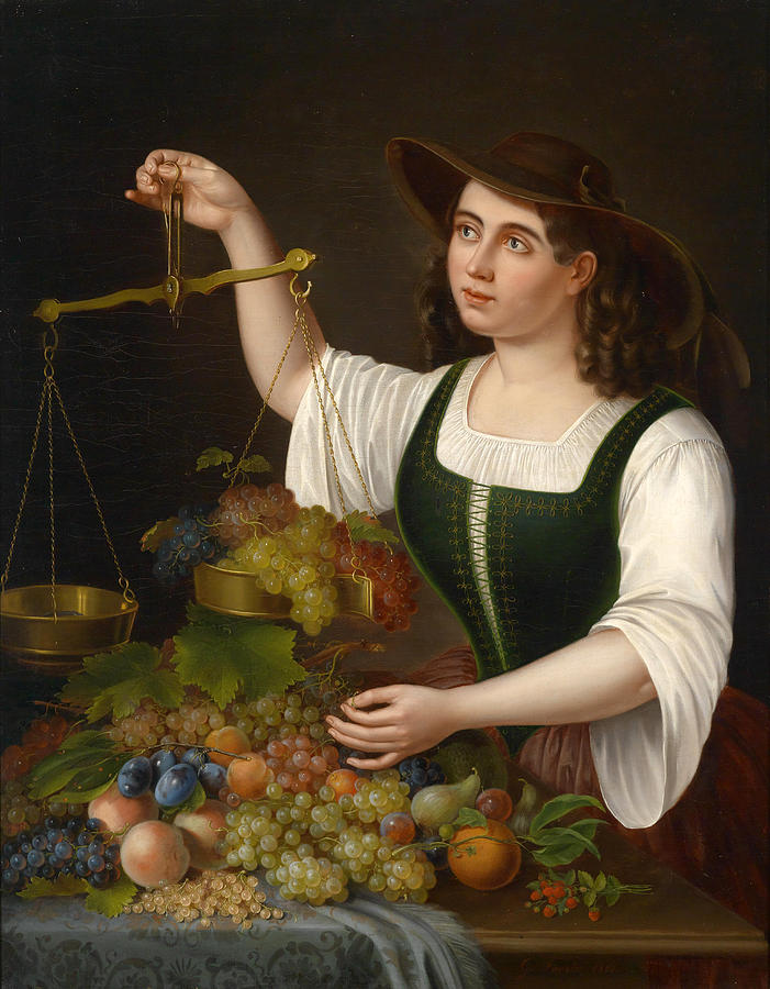 A Young Market-Woman Weighing Fruit Painting by George Forster