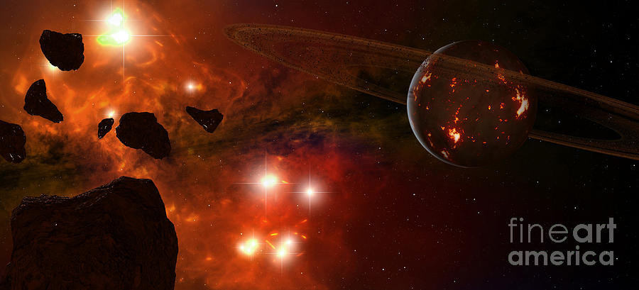 Armageddon Digital Art - A Young Ringed Planet With Glowing Lava by Frieso Hoevelkamp