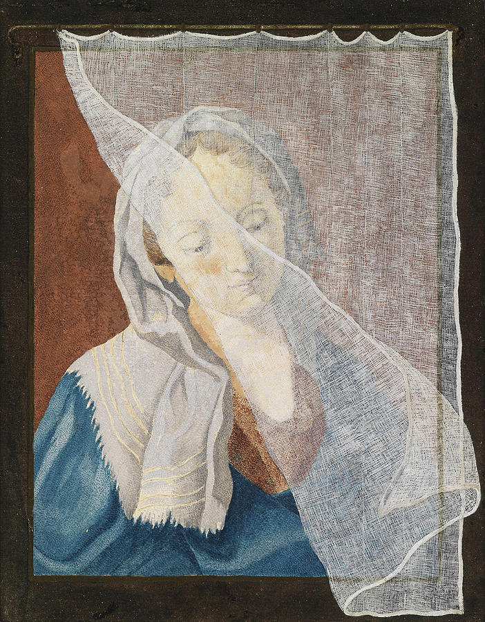 A young woman at the window behind a half-opened curtain Drawing by Venetian School of the 19th century