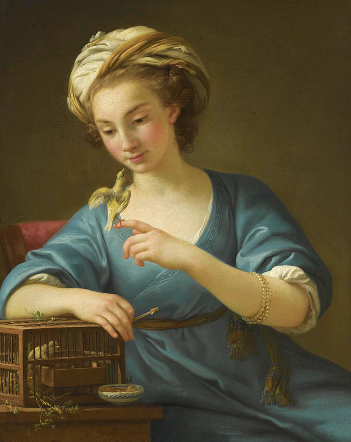 A young Woman dressed a la Grecque holding a Canary on her outstretched Finger Painting by Joseph-Marie Vien