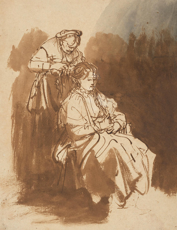 A Young Woman Having Her Hair Braided Drawing by Rembrandt