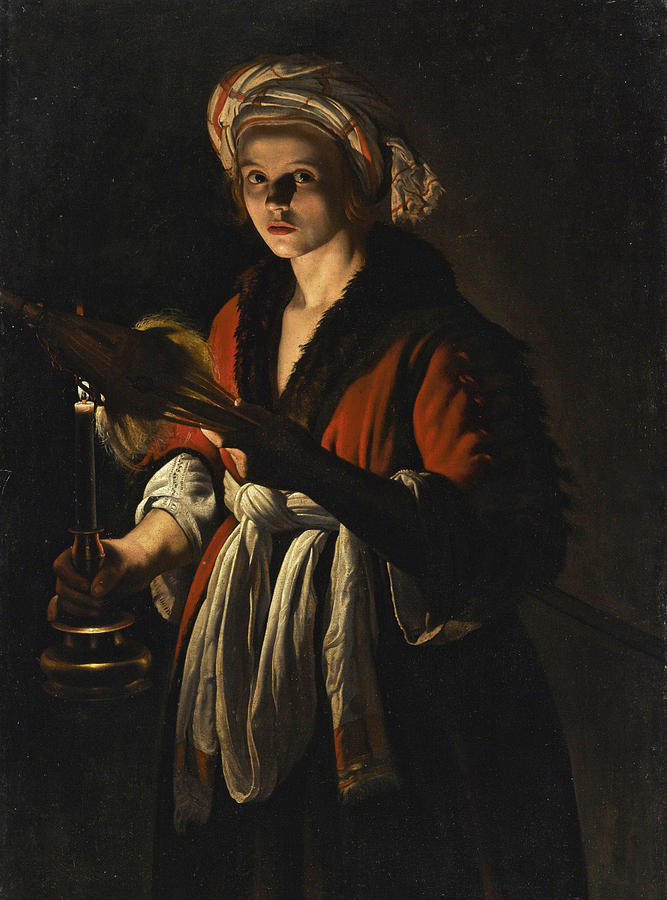 A Young Woman Holding a Distaff before a lit Candle Painting by Adam de Coster