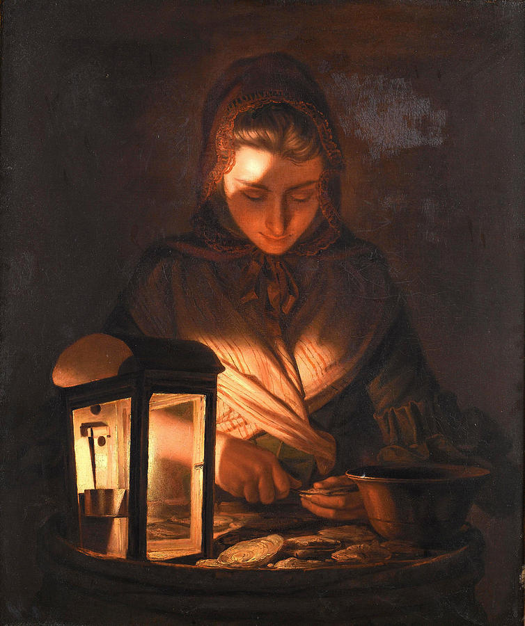 A Young Woman shucking Oysters by Lamplight Painting by Henry Robert Morland