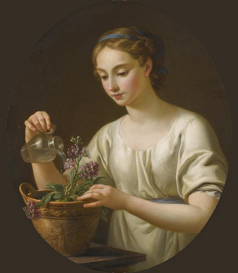 A Young Woman watering a Pot of Flowers, La Jeune Athenienne Painting by Joseph-Marie Vien