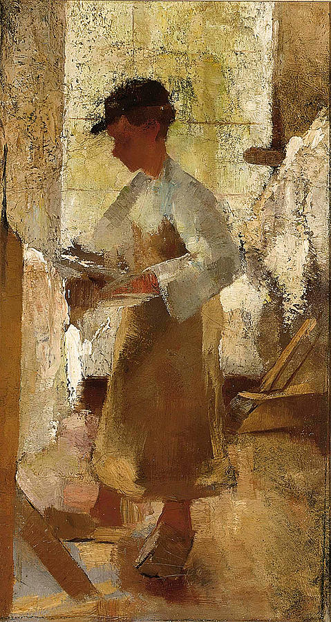 A Young Workman at a Stretching Frame Painting by Anthon van Rappard