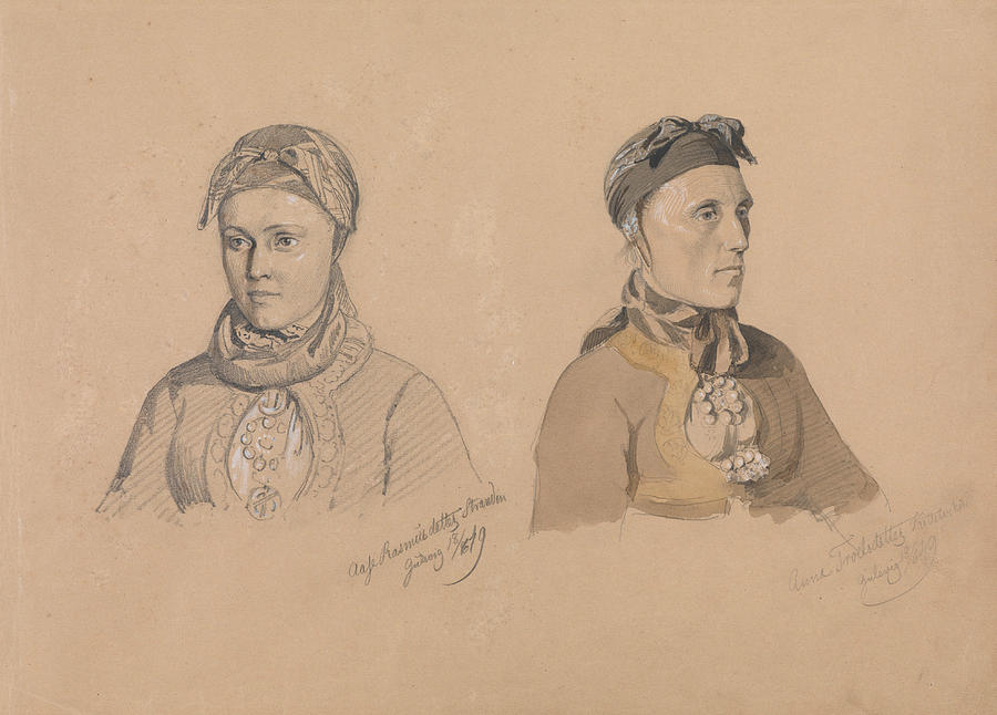 Aase Rasmusdatter Stranden and Anna Troelsdatter Kittelsviken Drawing by Adolph Tidemand