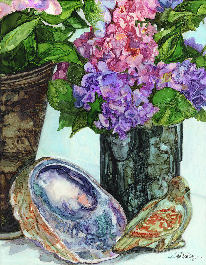 Abalone, Hydrangea and Bird Painting by Vicki Baun Barry