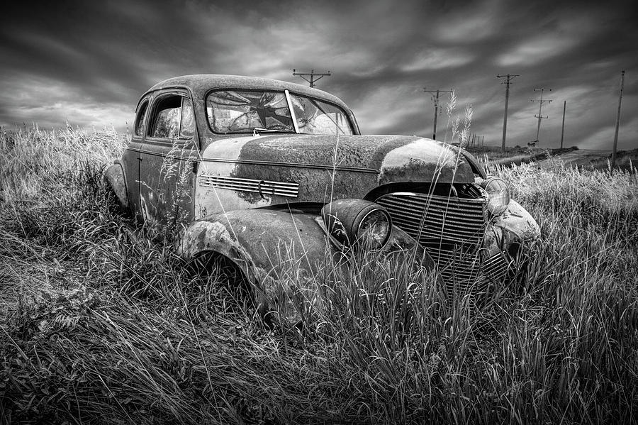Abandoned Auto with Smashed Windshield in Black and White Photograph by Randall Nyhof