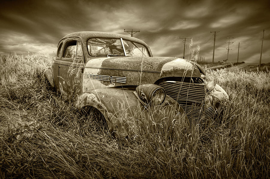 Abandoned Auto with Smashed Windshield in Sepia Tone Photograph by Randall Nyhof