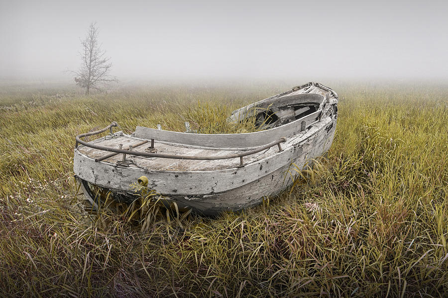 Abandoned Boat in the Grass on a Foggy Morning Photograph by Randall Nyhof