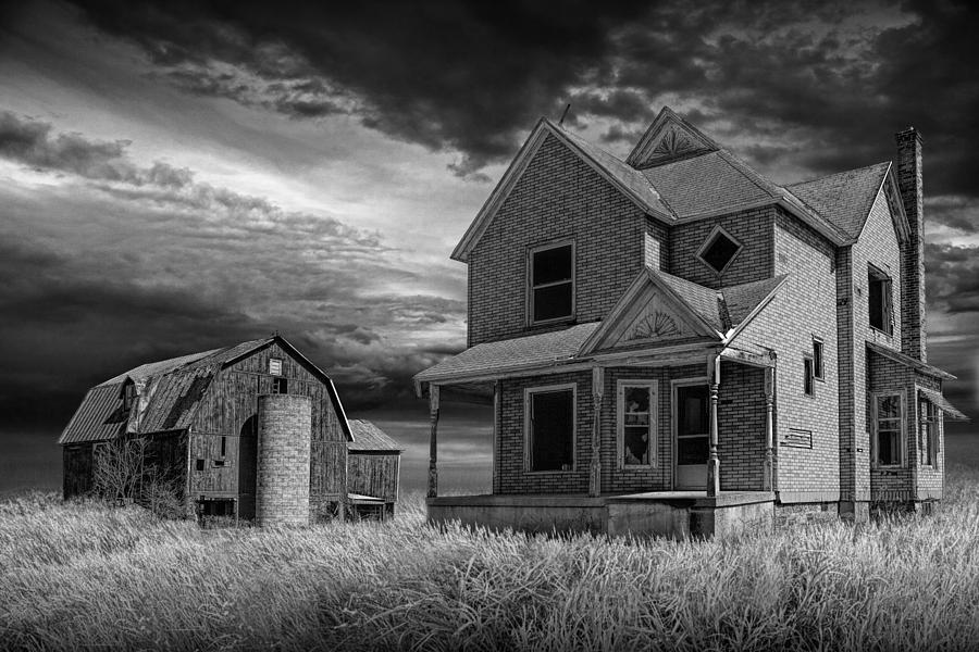 Abandoned Farm at Sunset in Black and White Photograph by Randall Nyhof