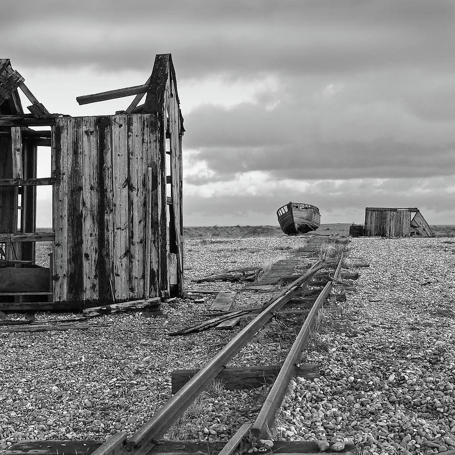 Abandoned Fishing Huts in Black and White Photograph by Gill Billington
