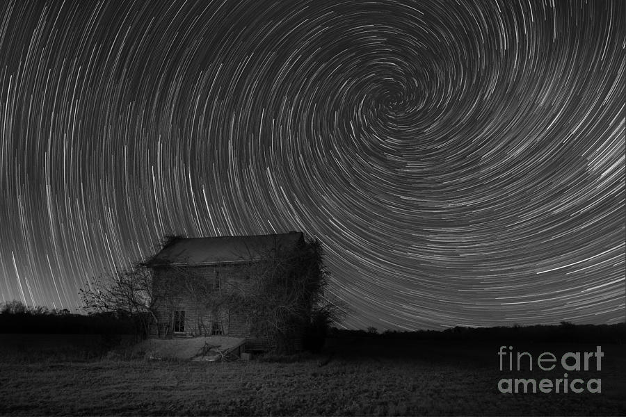 Abandoned House Spiral Star Trail BW  Photograph by Michael Ver Sprill
