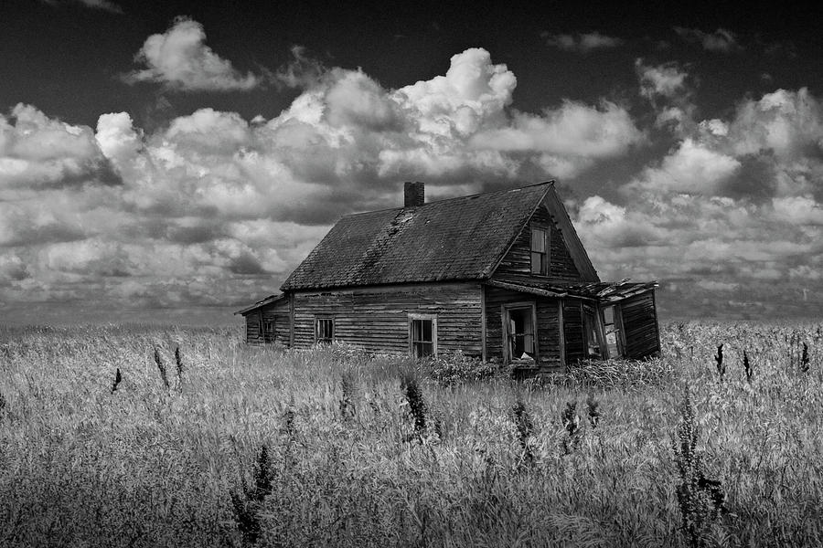Abandoned Prairie Farm House In Black And White Photograph