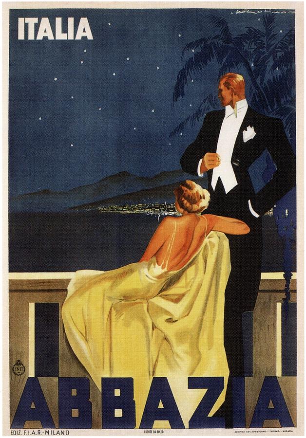 Abbazia, Italia - Woman and Man Looking Out At a Mountain - Retro travel Poster - Vintage Poster Photograph by Studio Grafiikka