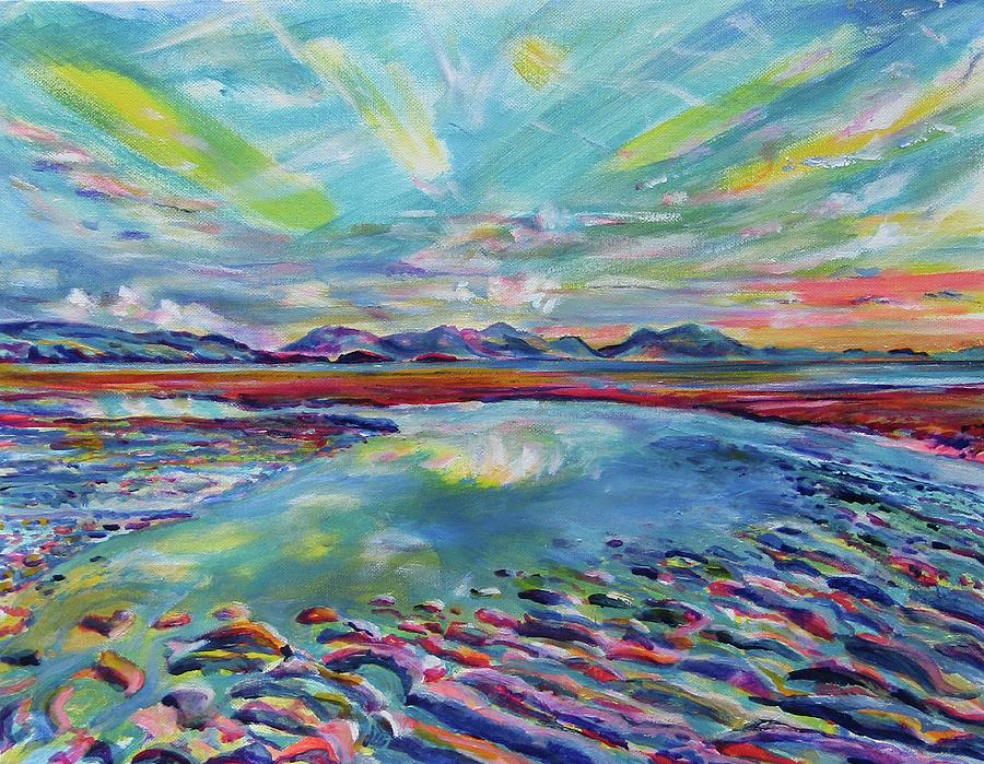 Aberffraw looking towards Snowdonia Mountains Painting by Karin McCombe Jones