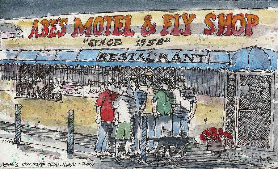 Umbrella Painting - Abes Motel and Fly Shop by Tim Oliver