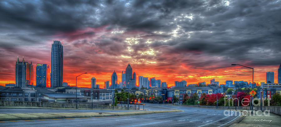 Ablaze Atlanta Midtown Fall Sunrise Atlantic Station Panorama Art Photograph by Reid Callaway