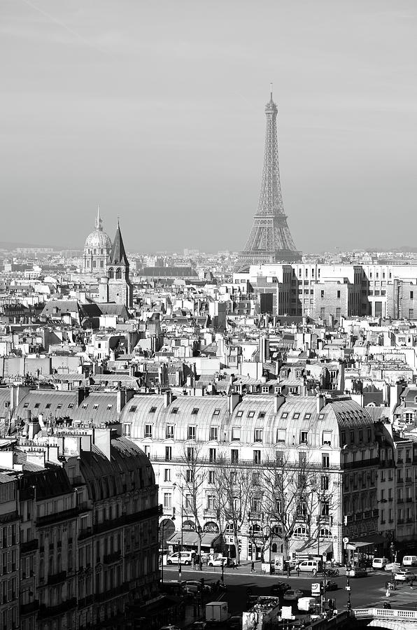 Above Paris France Rooftops with Les Invalides Dome and Eiffel Tower Black and White Photograph by Shawn OBrien