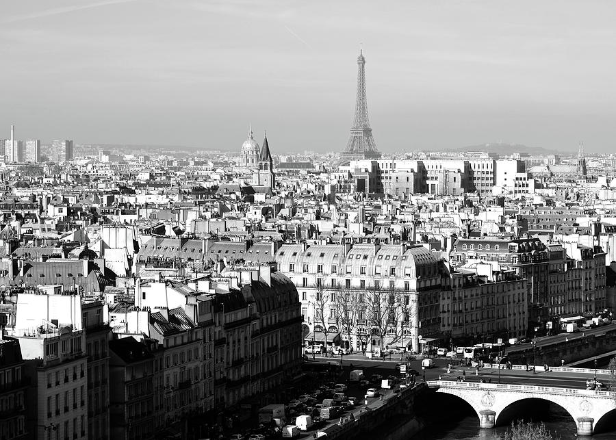 Above Paris France Rooftops with Pont au Change Les Invalides and Eiffel Tower Black and White Photograph by Shawn OBrien