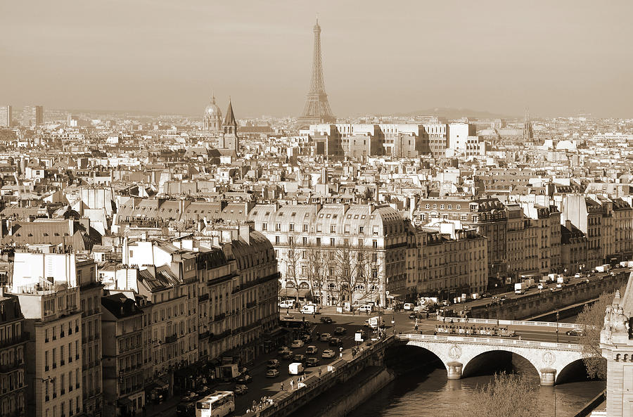 Above Paris France Rooftops with Pont au Change Les Invalides Dome and Eiffel Tower Sepia Photograph by Shawn OBrien