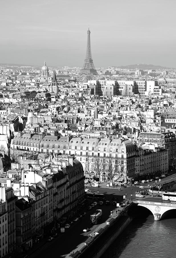 Above Paris Rooftops with the Eiffel Tower in the Distance Black and White Photograph by Shawn OBrien