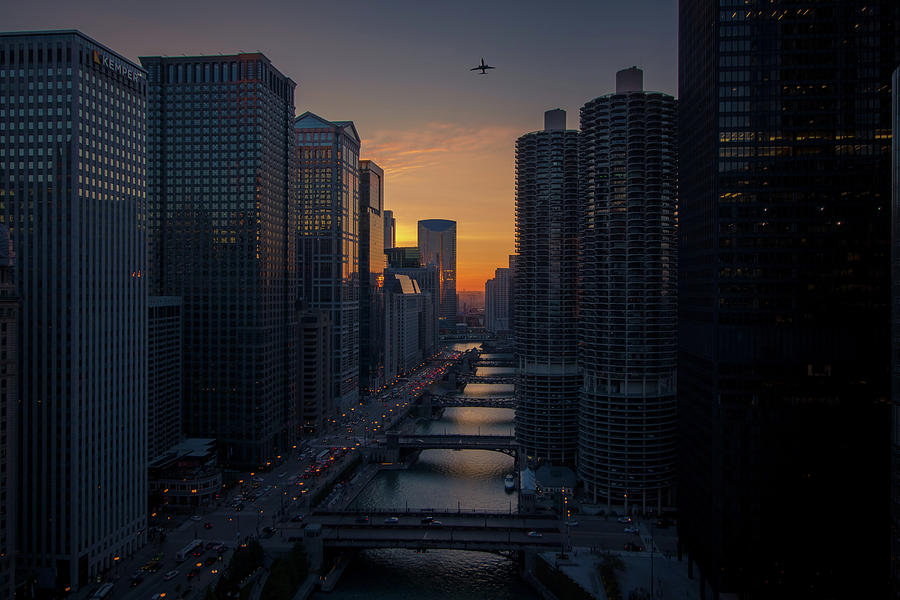 Above the Chicago River at sunset Photograph by Jay Smith