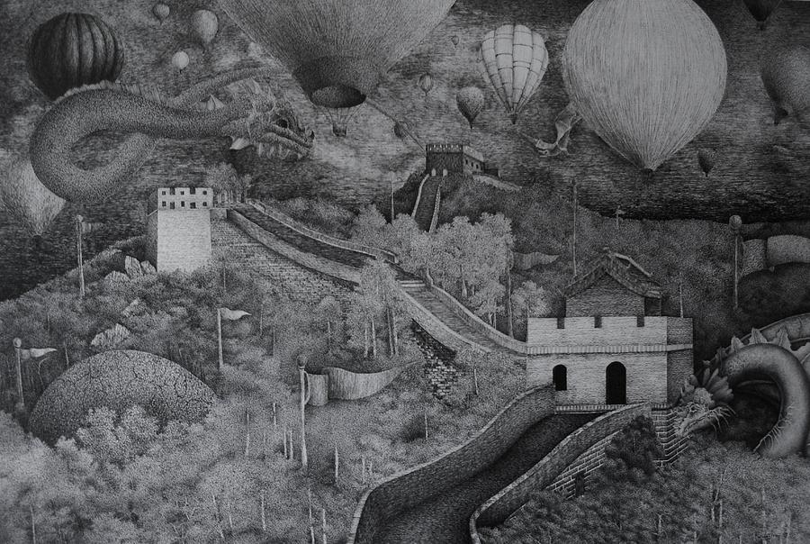 Castle Drawing - Above the Great Wall by Thuthuy Tran