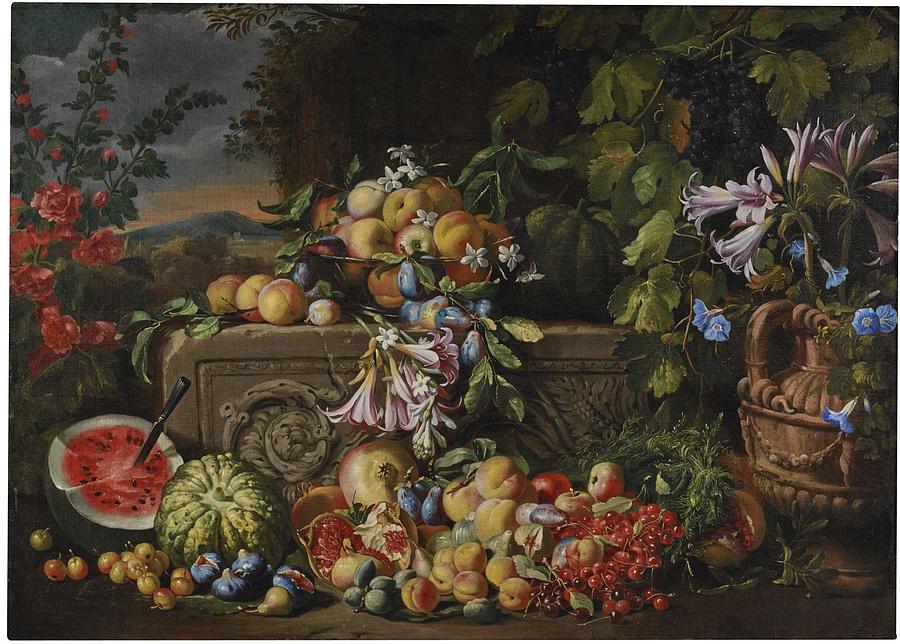 Abraham Brueghel Antwerp 1631 - 1697   A Still Life Of A Watermelon, Cherries, Peaches, Apricots, Pl Painting